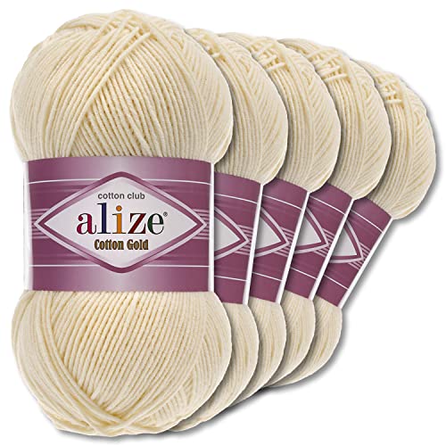 Alize 5 x 100 g Cotton Gold Premium Wolle| 39 Farben Sommerwolle Garn Stricken Amigurumi (01 | Creme) von Wohnkult