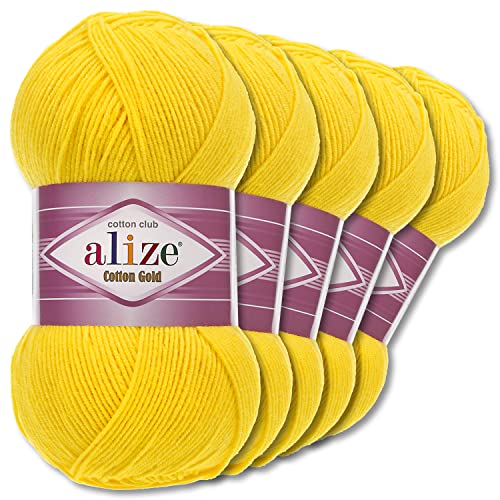 Alize 5 x 100 g Cotton Gold Premium Wolle| 39 Farben Sommerwolle Garn Stricken Amigurumi (110 | Sonnengelb) von Wohnkult