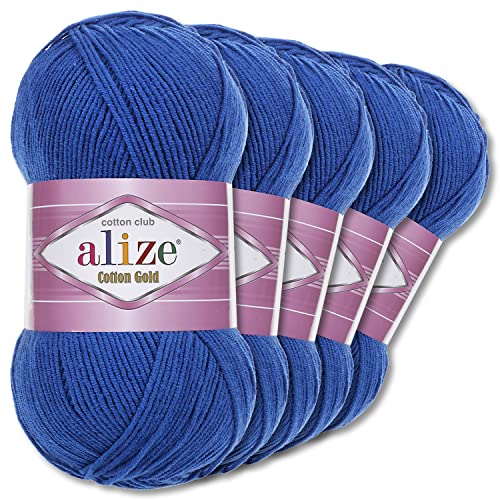 Alize 5 x 100 g Cotton Gold Premium Wolle| 39 Farben Sommerwolle Garn Stricken Amigurumi (141 | Königsblau) von Wohnkult