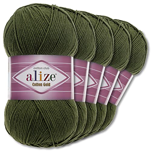 Alize 5 x 100 g Cotton Gold Premium Wolle| 39 Farben Sommerwolle Garn Stricken Amigurumi (29 | Khaki) von Wohnkult