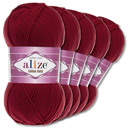 Alize 5 x 100 g Cotton Gold Premium Wolle| 39 Farben Sommerwolle Garn Stricken Amigurumi (390 | Kirschrot) von Wohnkult
