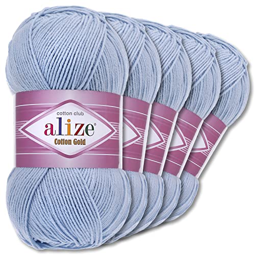 Alize 5 x 100 g Cotton Gold Premium Wolle| 39 Farben Sommerwolle Garn Stricken Amigurumi (40 | Hellblau) von Wohnkult