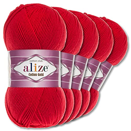 Alize 5 x 100 g Cotton Gold Premium Wolle| 39 Farben Sommerwolle Garn Stricken Amigurumi (56 | Rot) von Wohnkult