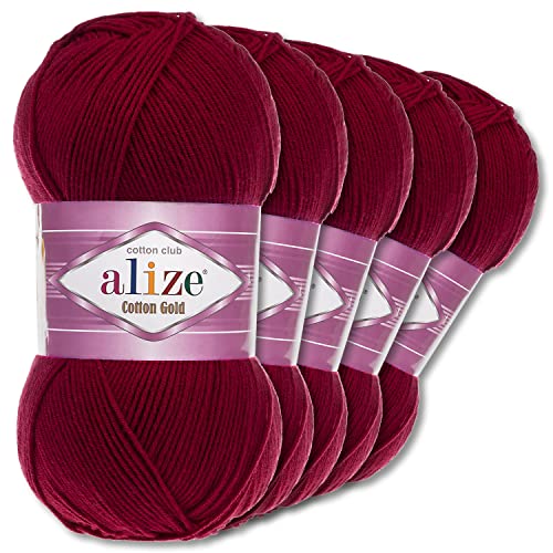 Alize 5 x 100 g Cotton Gold Premium Wolle| 39 Farben Sommerwolle Garn Stricken Amigurumi (57 | Bordeaux) von Wohnkult