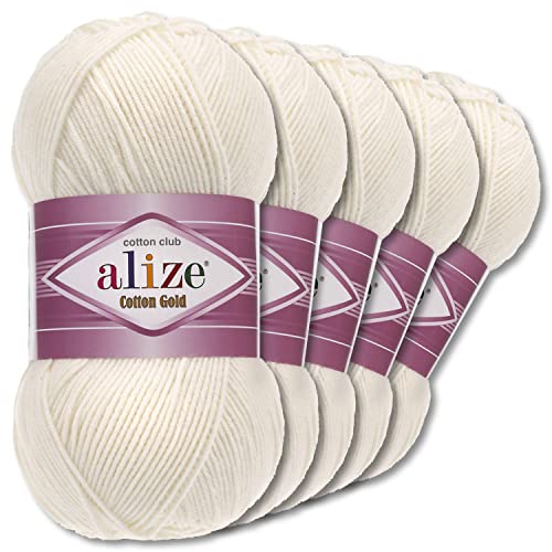 Wohnkult Alize 5 x 100 g Cotton Gold Premium Wolle| 39 Farben Sommerwolle Garn Stricken Amigurumi (62 | Hellcreme) von Wohnkult
