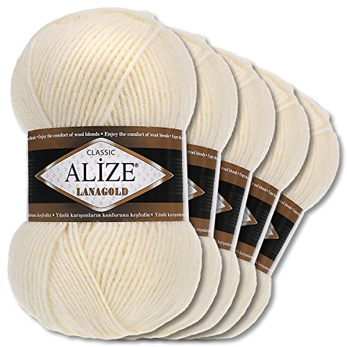 Alize 5 x 100 g Lanagold Wolle | 53 Auswahl | Stricken Häkeln Wolle (01 | Creme) von Wohnkult