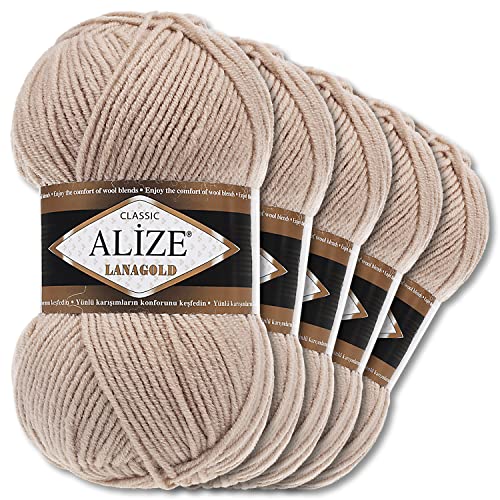 Alize 5 x 100 g Lanagold Wolle | 53 Auswahl | Stricken Häkeln Wolle (05 | Beige) von Wohnkult