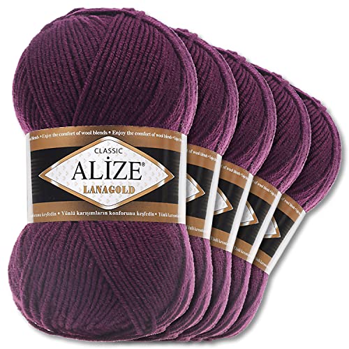 Alize 5 x 100 g Lanagold Wolle | 53 Auswahl | Stricken Häkeln Wolle (111 | Pflaume) von Wohnkult