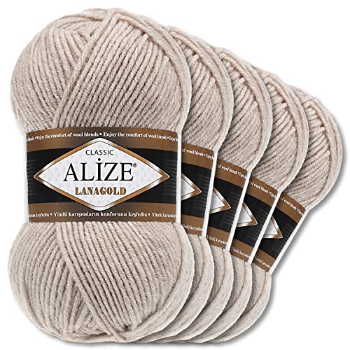 Alize 5 x 100 g Lanagold Wolle | 53 Auswahl | Stricken Häkeln Wolle (152 | Beige Melange) von Wohnkult