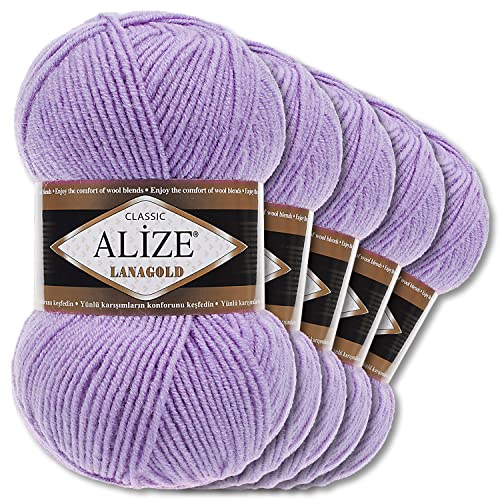 Alize 5 x 100 g Lanagold Wolle | 53 Auswahl | Stricken Häkeln Wolle (166 | Lila) von Wohnkult