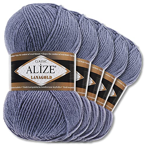 Alize 5 x 100 g Lanagold Wolle | 53 Auswahl | Stricken Häkeln Wolle (203 | Denim Melange) von Wohnkult