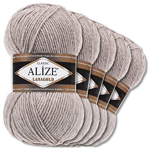 Alize 5 x 100 g Lanagold Wolle | 53 Auswahl | Stricken Häkeln Wolle (207 | Hellbraun Melange) von Wohnkult