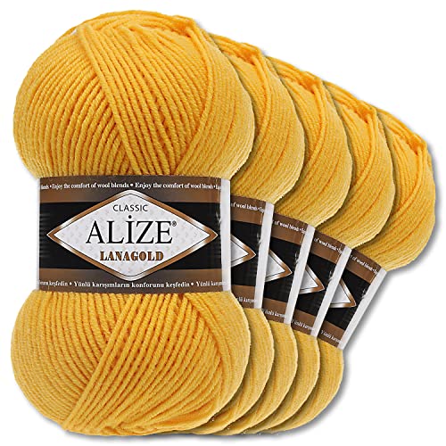 Alize 5 x 100 g Lanagold Wolle | 53 Auswahl | Stricken Häkeln Wolle (216 | Gelb) von Wohnkult