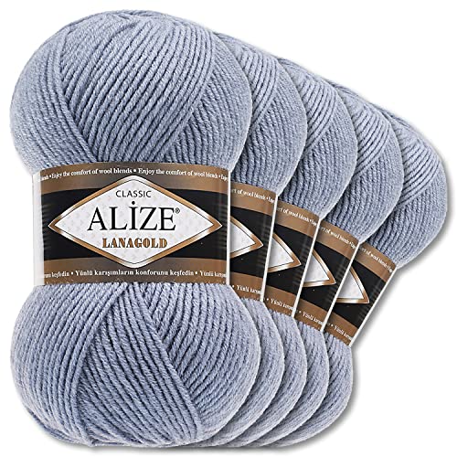 Alize 5 x 100 g Lanagold Wolle | 53 Auswahl | Stricken Häkeln Wolle (221 | Hellblau Melange) von Wohnkult