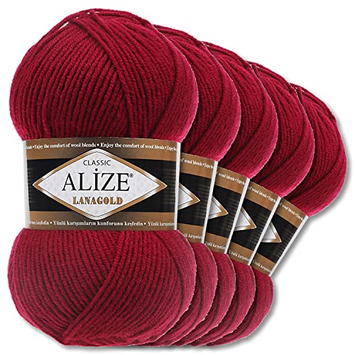 Alize 5 x 100 g Lanagold Wolle | 53 Auswahl | Stricken Häkeln Wolle (390 | Kirschrot) von Wohnkult