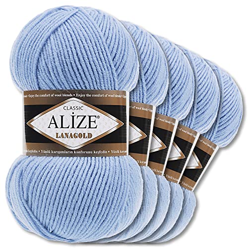 Alize 5 x 100 g Lanagold Wolle | 53 Auswahl | Stricken Häkeln Wolle (40 | Hellblau) von Wohnkult