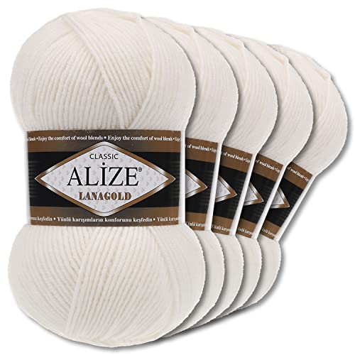 Alize 5 x 100 g Lanagold Wolle | 53 Auswahl | Stricken Häkeln Wolle (450 | Perlweiß) von Wohnkult