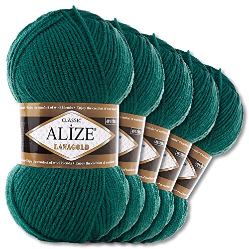 Alize 5 x 100 g Lanagold Wolle | 53 Auswahl | Stricken Häkeln Wolle (507 | Flaschengrün) von Wohnkult