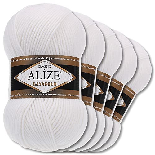 Alize 5 x 100 g Lanagold Wolle | 53 Auswahl | Stricken Häkeln Wolle (55 | Weiß) von Wohnkult