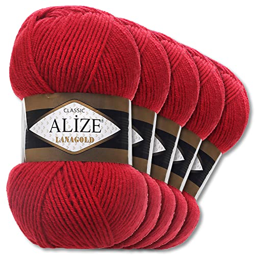 Alize 5 x 100 g Lanagold Wolle | 53 Auswahl | Stricken Häkeln Wolle (56 | Rot) von Wohnkult