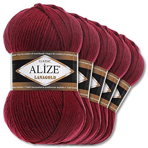 Alize 5 x 100 g Lanagold Wolle | 53 Auswahl | Stricken Häkeln Wolle (57 | Bordeaux) von Wohnkult