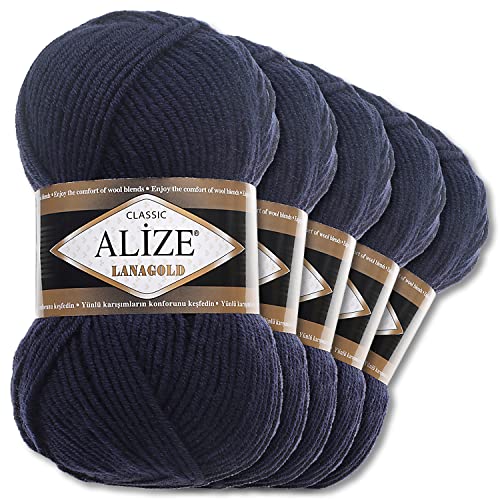 Alize 5 x 100 g Lanagold Wolle | 53 Auswahl | Stricken Häkeln Wolle (58 | Nachtblau) von Wohnkult