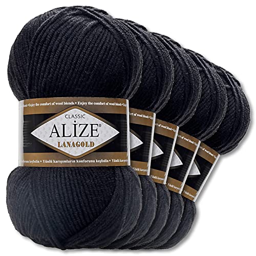 Alize 5 x 100 g Lanagold Wolle | 53 Auswahl | Stricken Häkeln Wolle (60 | Schwarz) von Wohnkult