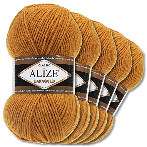 Alize 5 x 100 g Lanagold Wolle | 53 Auswahl | Stricken Häkeln Wolle (645 | Senf) von Wohnkult
