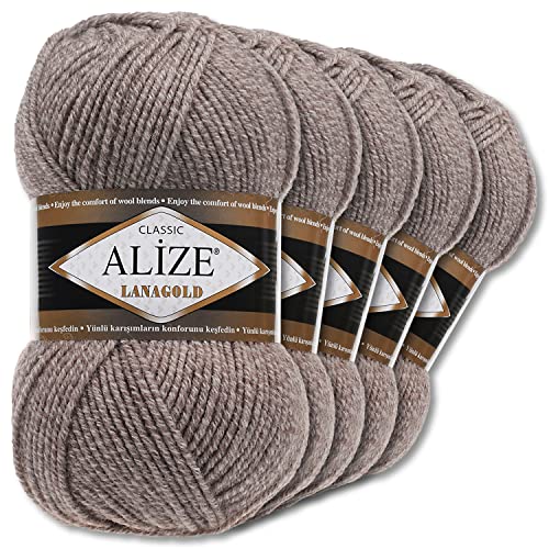 Alize 5 x 100 g Lanagold Wolle | 53 Auswahl | Stricken Häkeln Wolle (650 | Beige-Weiß) von Wohnkult