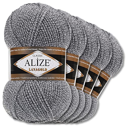 Alize 5 x 100 g Lanagold Wolle | 53 Auswahl | Stricken Häkeln Wolle (651 | Grau-Beige) von Wohnkult