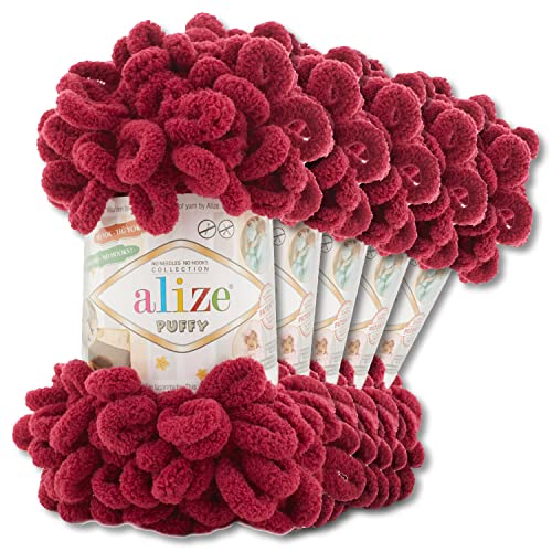 Alize 5 x 100 g Puffy Wolle Chenille Schlaufenwolle Häkeln und Stricken ohne Hilfsmittel Kleidung Accesoire Decken Teppiche (107 | Bordeaux) von Wohnkult