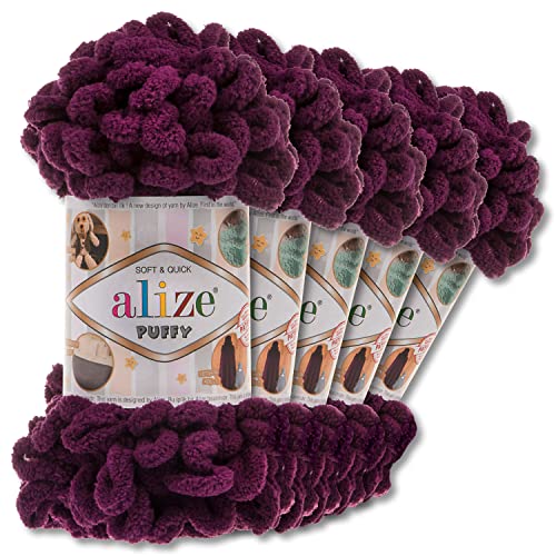 Alize 5 x 100 g Puffy Wolle Chenille Schlaufenwolle Häkeln und Stricken ohne Hilfsmittel Kleidung Accesoire Decken Teppiche (111 | Pflaume) von Wohnkult