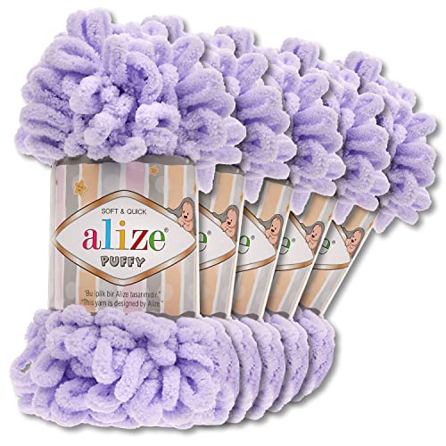 Alize 5 x 100 g Puffy Wolle Chenille Schlaufenwolle Häkeln und Stricken ohne Hilfsmittel Kleidung Accesoire Decken Teppiche (146 | Flieder) von Wohnkult