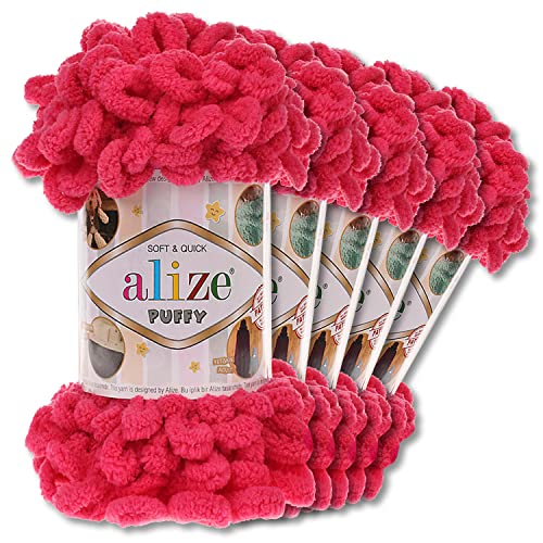 Alize 5 x 100 g Puffy Wolle Chenille Schlaufenwolle Häkeln und Stricken ohne Hilfsmittel Kleidung Accesoire Decken Teppiche (149 | Fuchsia) von Wohnkult