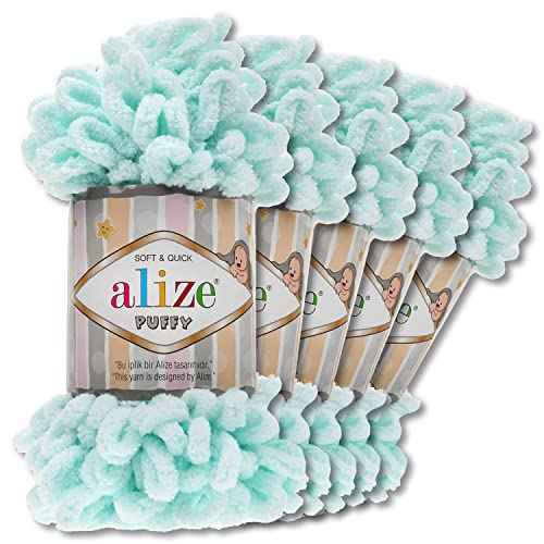 Alize 5 x 100 g Puffy Wolle Chenille Schlaufenwolle Häkeln und Stricken ohne Hilfsmittel Kleidung Accesoire Decken Teppiche (15 | Mint) von Wohnkult