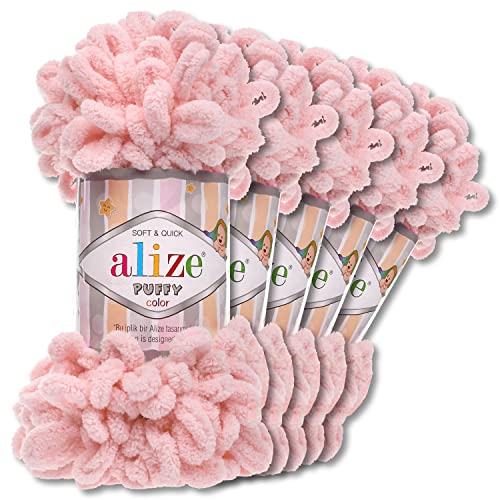 Alize 5 x 100 g Puffy Wolle Chenille Schlaufenwolle Häkeln und Stricken ohne Hilfsmittel Kleidung Accesoire Decken Teppiche (161 | Puderrosa) von Wohnkult