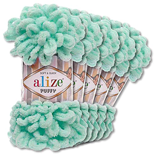 Alize 5 x 100 g Puffy Wolle Chenille Schlaufenwolle Häkeln und Stricken ohne Hilfsmittel Kleidung Accesoire Decken Teppiche (19 | Lichtgrün) von Wohnkult