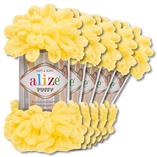 Alize 5 x 100 g Puffy Wolle Chenille Schlaufenwolle Häkeln und Stricken ohne Hilfsmittel Kleidung Accesoire Decken Teppiche (216 | Gelb) von Wohnkult