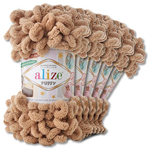 Alize 5 x 100 g Puffy Wolle Chenille Schlaufenwolle Häkeln und Stricken ohne Hilfsmittel Kleidung Accesoire Decken Teppiche (262 | Beige) von Wohnkult