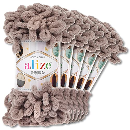 Alize 5 x 100 g Puffy Wolle Chenille Schlaufenwolle Häkeln und Stricken ohne Hilfsmittel Kleidung Accesoire Decken Teppiche (268 | Stein) von Wohnkult