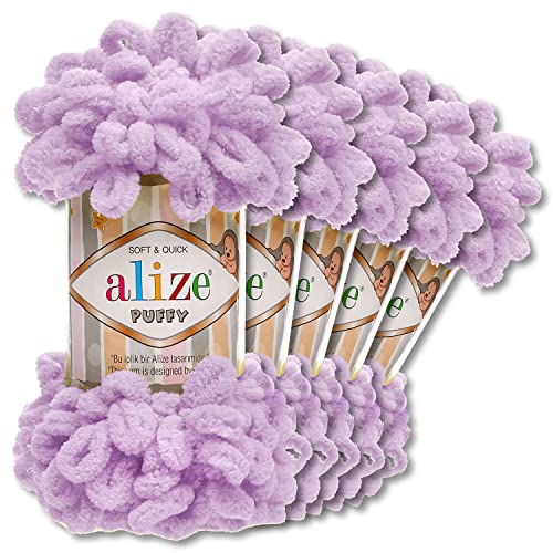 Alize 5 x 100 g Puffy Wolle Chenille Schlaufenwolle Häkeln und Stricken ohne Hilfsmittel Kleidung Accesoire Decken Teppiche (27 | Helllila) von Wohnkult