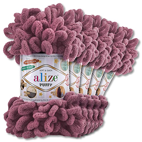 Alize 5 x 100 g Puffy Wolle Chenille Schlaufenwolle Häkeln und Stricken ohne Hilfsmittel Kleidung Accesoire Decken Teppiche (28 | Mauve) von Wohnkult