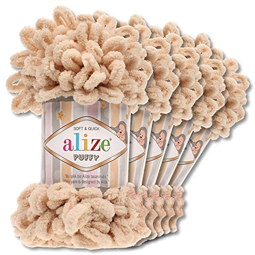 Alize 5 x 100 g Puffy Wolle Chenille Schlaufenwolle Häkeln und Stricken ohne Hilfsmittel Kleidung Accesoire Decken Teppiche (310 | Honig) von Wohnkult