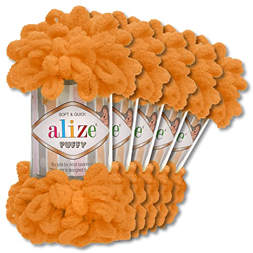Alize 5 x 100 g Puffy Wolle Chenille Schlaufenwolle Häkeln und Stricken ohne Hilfsmittel Kleidung Accesoire Decken Teppiche (336 | Orange) von Wohnkult