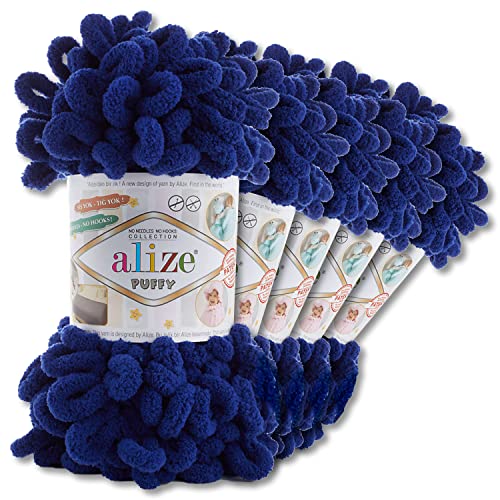 Alize 5 x 100 g Puffy Wolle Chenille Schlaufenwolle Häkeln und Stricken ohne Hilfsmittel Kleidung Accesoire Decken Teppiche (360 | Nachtblau) von Wohnkult