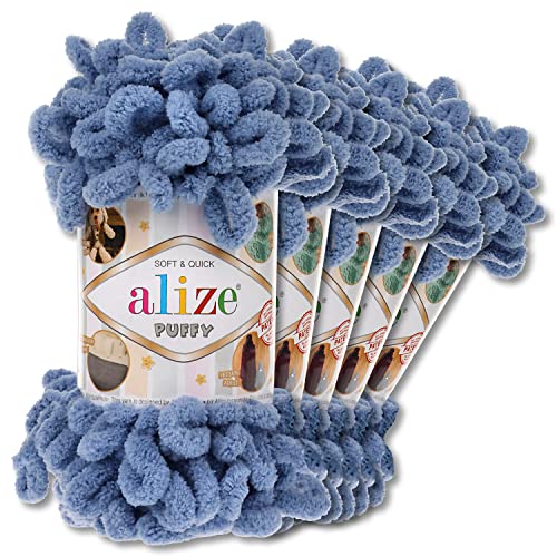 Alize 5 x 100 g Puffy Wolle Chenille Schlaufenwolle Häkeln und Stricken ohne Hilfsmittel Kleidung Accesoire Decken Teppiche (374 | Graublau) von Wohnkult