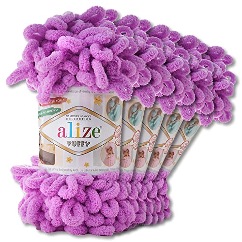 Alize 5 x 100 g Puffy Wolle Chenille Schlaufenwolle Häkeln und Stricken ohne Hilfsmittel Kleidung Accesoire Decken Teppiche (378 | Orchidee) von Wohnkult