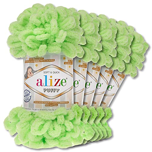Alize 5 x 100 g Puffy Wolle Chenille Schlaufenwolle Häkeln und Stricken ohne Hilfsmittel Kleidung Accesoire Decken Teppiche (41 | Pistazie) von Wohnkult