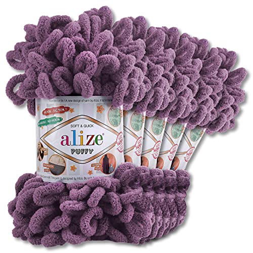 Alize 5 x 100 g Puffy Wolle Chenille Schlaufenwolle Häkeln und Stricken ohne Hilfsmittel Kleidung Accesoire Decken Teppiche (437 | Lavendel) von Wohnkult