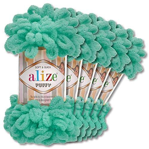 Alize 5 x 100 g Puffy Wolle Chenille Schlaufenwolle Häkeln und Stricken ohne Hilfsmittel Kleidung Accesoire Decken Teppiche (490 | Seegrün) von Wohnkult